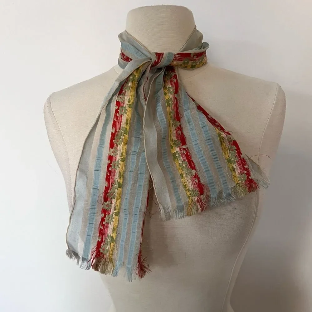 Incredible 1940s / 1950s Handmade Embroidered Texture Gypsy Scarf Raw Fringe Hem